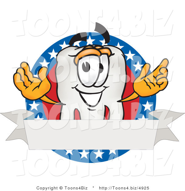 Vector Illustration of a Cartoon Tooth Mascot on an American Business Label