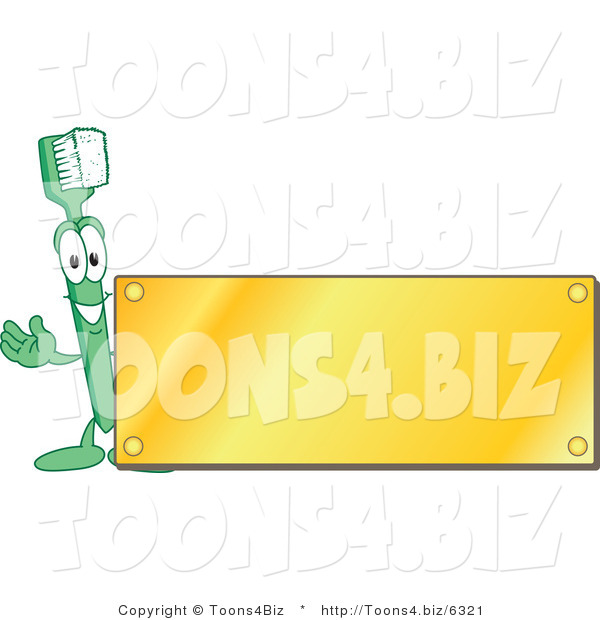 Vector Illustration of a Cartoon Toothbrush Logo Mascot with a Blank Gold Plaque
