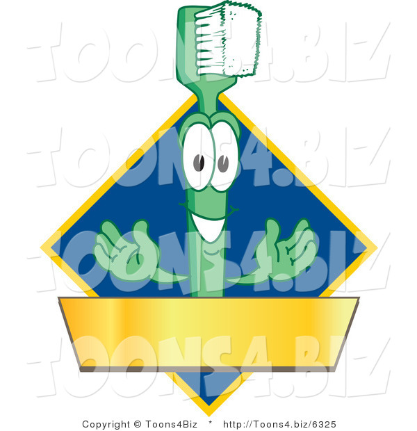 Vector Illustration of a Cartoon Toothbrush Logo Mascot with a Gold Banner on a Blue Diamond