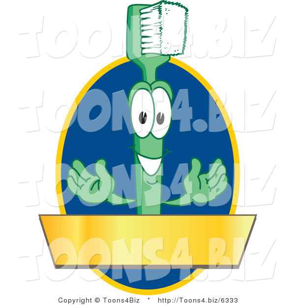 Vector Illustration of a Cartoon Toothbrush Logo Mascot with a Gold Banner on a Blue Oval