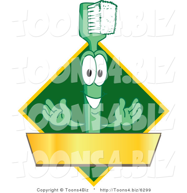 Vector Illustration of a Cartoon Toothbrush Logo Mascot with a Gold Banner on a Green Diamond