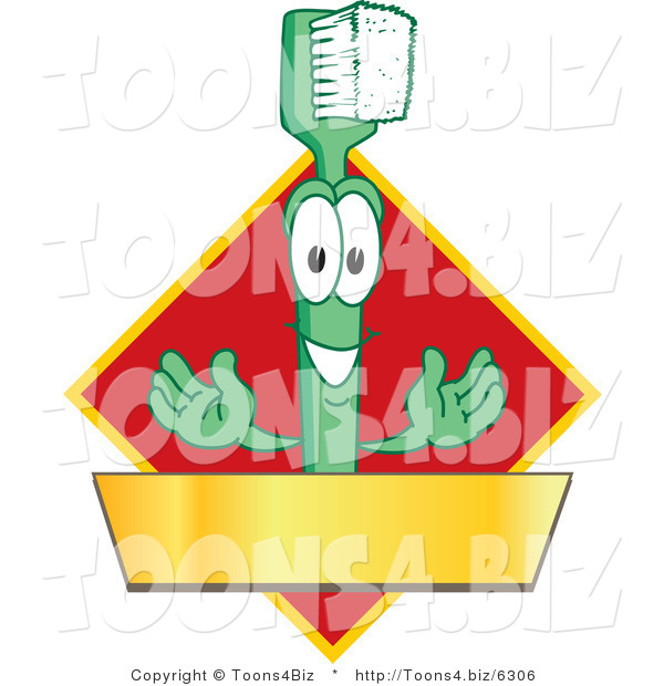 Vector Illustration of a Cartoon Toothbrush Logo Mascot with a Gold Banner on a Red Diamond