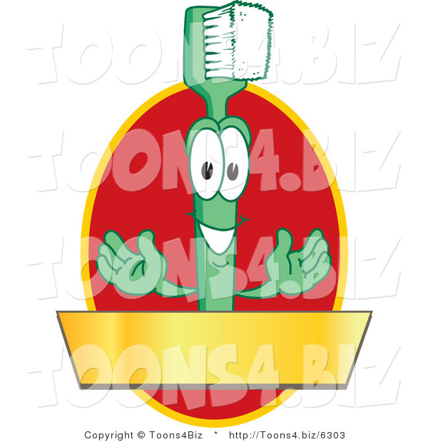 Vector Illustration of a Cartoon Toothbrush Logo Mascot with a Gold Banner on a Red Oval