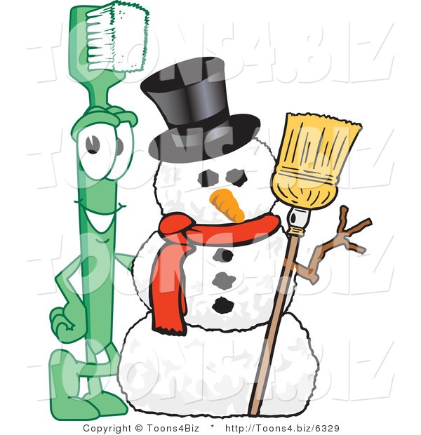 Vector Illustration of a Cartoon Toothbrush Mascot by a Snowman