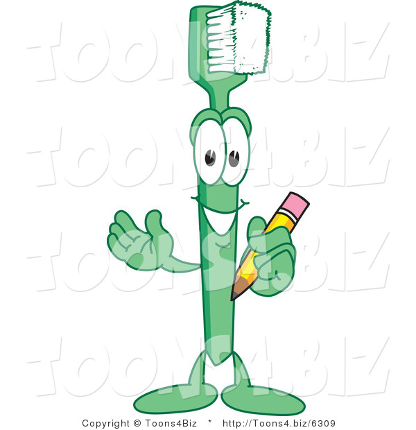 Vector Illustration of a Cartoon Toothbrush Mascot Holding a Pencil
