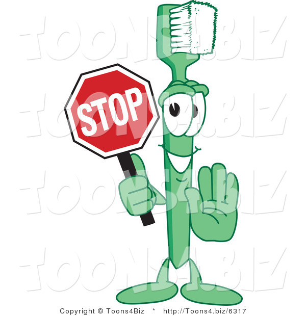 Vector Illustration of a Cartoon Toothbrush Mascot Holding a Stop Sign