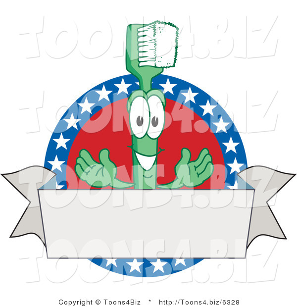 Vector Illustration of a Cartoon Toothbrush Mascot Logo with American Stars and a Blank Banner