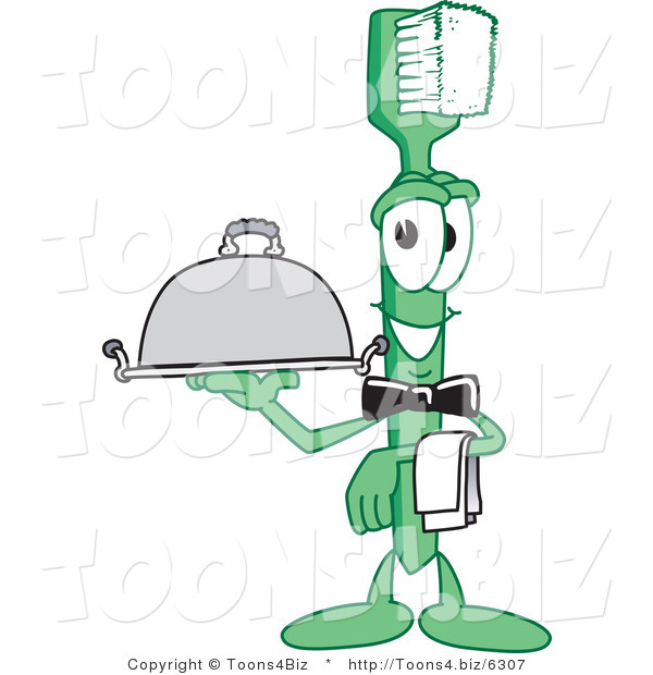 Vector Illustration of a Cartoon Toothbrush Mascot Serving a Platter