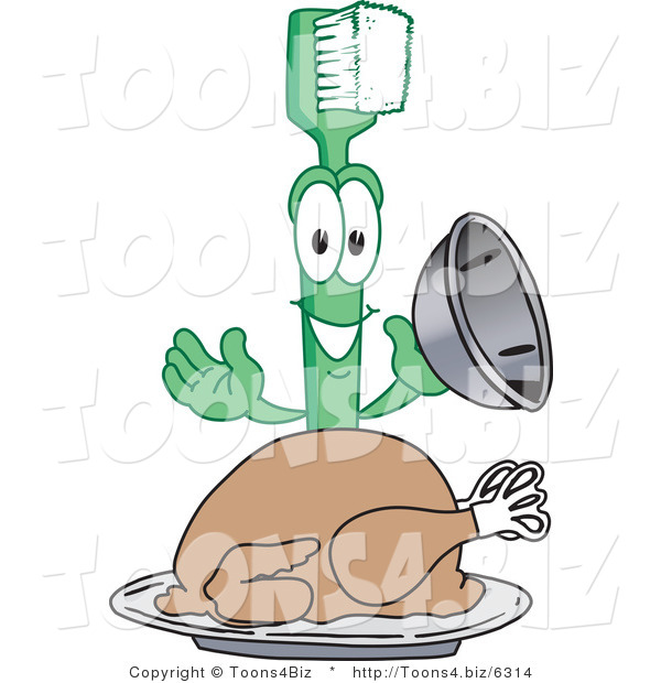 Vector Illustration of a Cartoon Toothbrush Mascot Serving a Thanksgiving Turkey