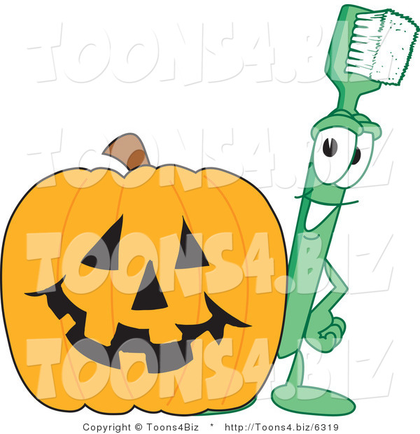 Vector Illustration of a Cartoon Toothbrush Mascot with a Halloween Pumpkin