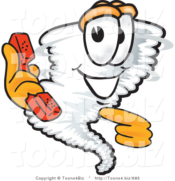 Vector Illustration of a Cartoon Tornado Mascot Holding and Pointing to a Red Phone
