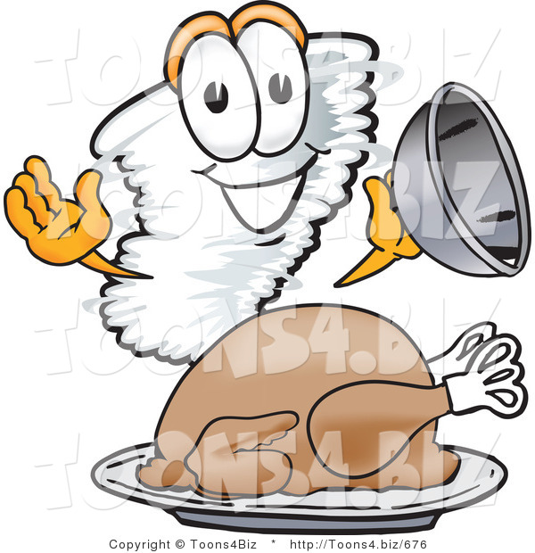 Vector Illustration of a Cartoon Tornado Mascot Serving a Thanksgiving Turkey on a Platter