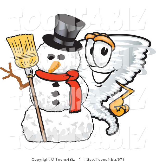 Vector Illustration of a Cartoon Tornado Mascot Standing by a Snowman