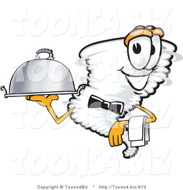 Vector Illustration of a Cartoon Tornado Mascot Waiting Tables and Serving a Dinner Platter