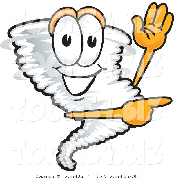 Vector Illustration of a Cartoon Tornado Mascot Waving and Pointing to the Right