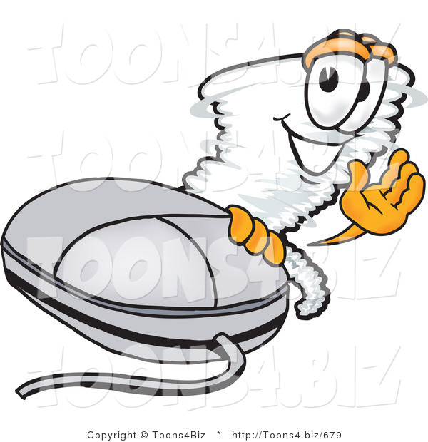 Vector Illustration of a Cartoon Tornado Mascot Waving and Standing by a Computer Mouse