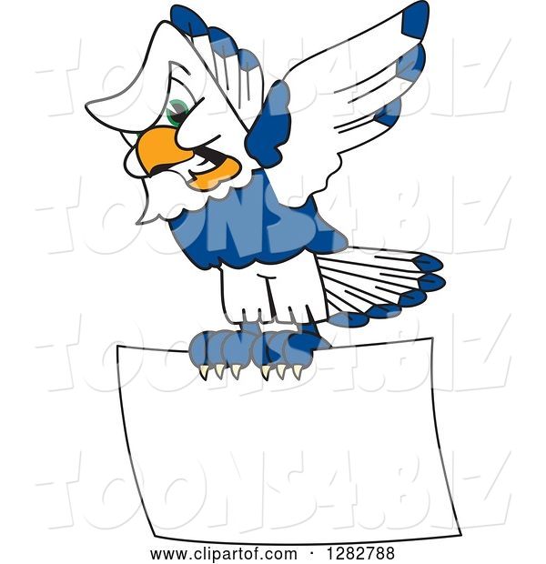 Vector Illustration of a Cartoon Tough Seahawk Mascot Flying with a Blank Sign