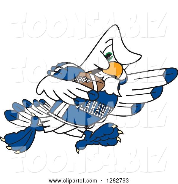 Vector Illustration of a Cartoon Tough Seahawk Sports Mascot Running with an American Football