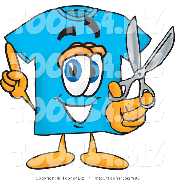 Vector Illustration of a Cartoon T-Shirt Mascot Holding a Pair of Scissors