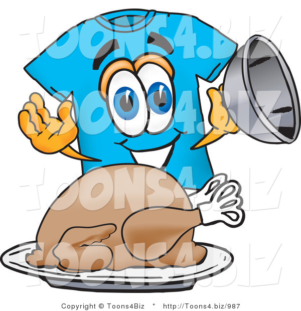 Vector Illustration of a Cartoon T-Shirt Mascot Serving a Thanksgiving Turkey on a Platter