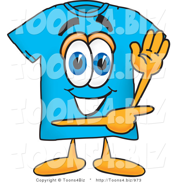 Vector Illustration of a Cartoon T-Shirt Mascot Waving and Pointing