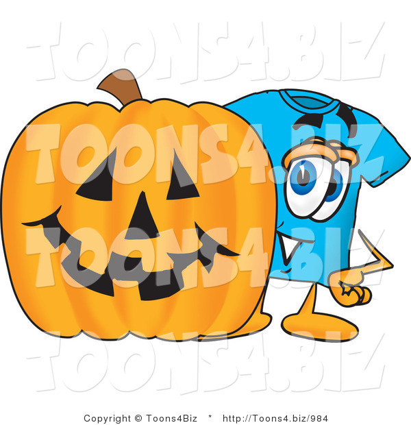 Vector Illustration of a Cartoon T-Shirt Mascot with a Carved Halloween Pumpkin