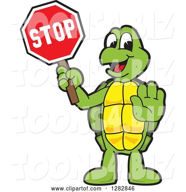 Vector Illustration of a Cartoon Turtle Mascot Gesturing and Holding a Stop Sign