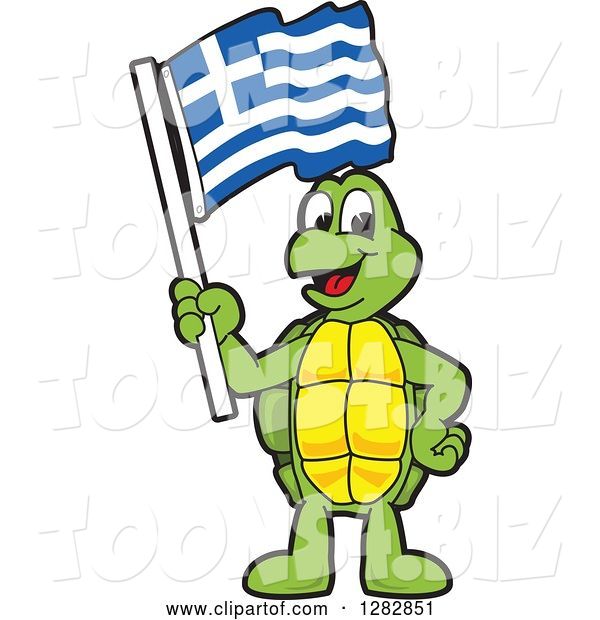 Vector Illustration of a Cartoon Turtle Mascot Holding a Greek Flag