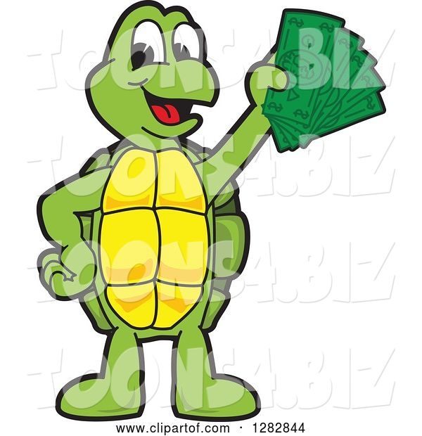 Vector Illustration of a Cartoon Turtle Mascot Holding Cash Money