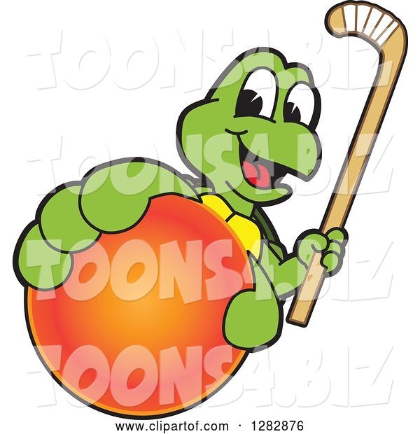 Vector Illustration of a Cartoon Turtle Mascot Holding out a Field Hockey Ball and Stick