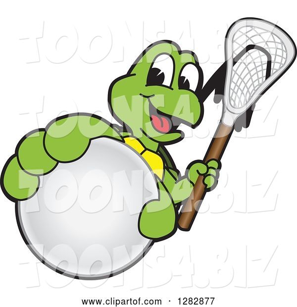 Vector Illustration of a Cartoon Turtle Mascot Holding out a Lacrosse Ball and Stick