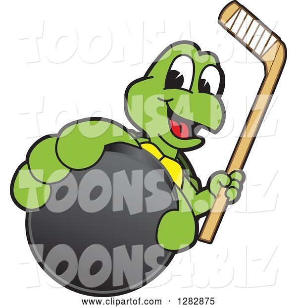Vector Illustration of a Cartoon Turtle Mascot Holding out an Ice Hockey Puck and Stick