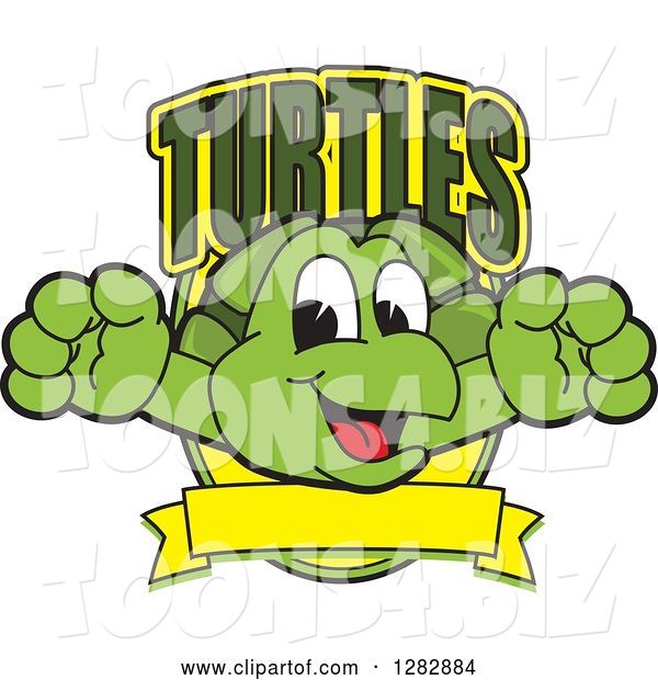 Vector Illustration of a Cartoon Turtle Mascot Leaping out from a Shield with Text and a Blank Banner