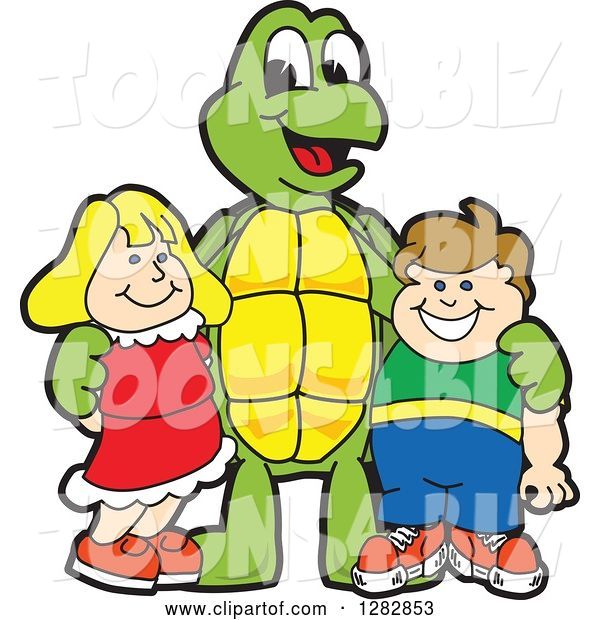 Vector Illustration of a Cartoon Turtle Mascot Posing with Students