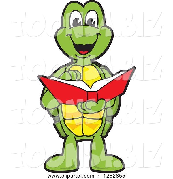 Vector Illustration of a Cartoon Turtle Mascot Reading a Book