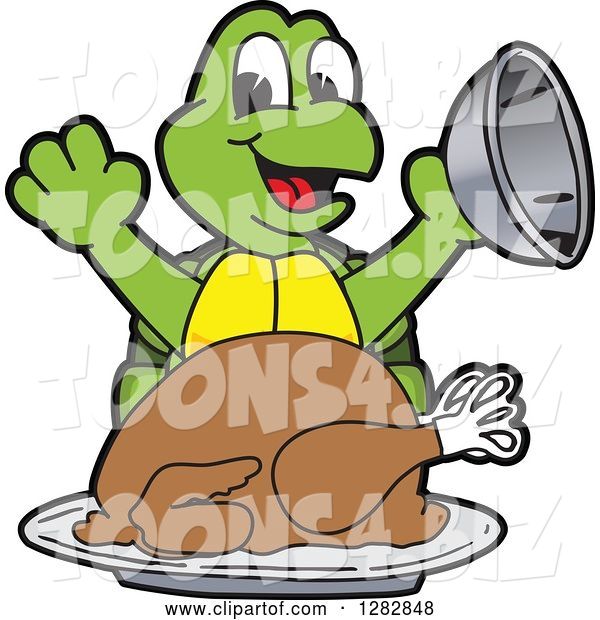 Vector Illustration of a Cartoon Turtle Mascot Serving a Roasted Thanksgiving Turkey