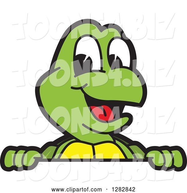 Vector Illustration of a Cartoon Turtle Mascot Smiling over a Sign