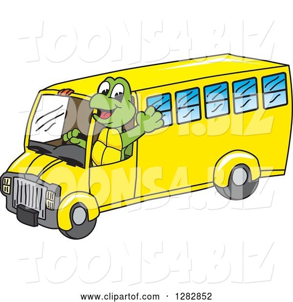 Vector Illustration of a Cartoon Turtle Mascot Waving and Driving a Bus