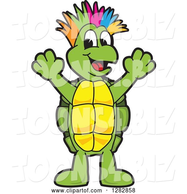 Vector Illustration of a Cartoon Turtle Mascot with a Colorful Mohawk, Cheering