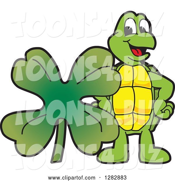 Vector Illustration of a Cartoon Turtle Mascot with a St Patricks Day Four Leaf Clover Shamrock