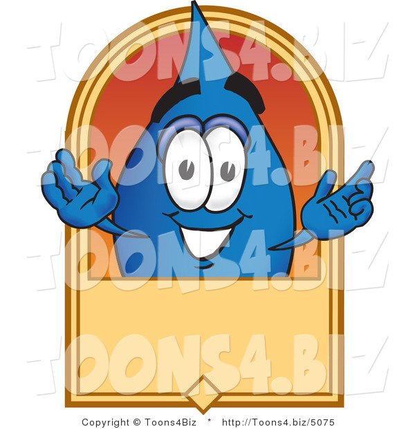 Vector Illustration of a Cartoon Water Drop Mascot on a Blank Tan Label, Logo or Sign