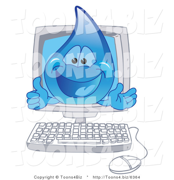 Vector Illustration of a Cartoon Water Drop Mascot on a Computer Screen