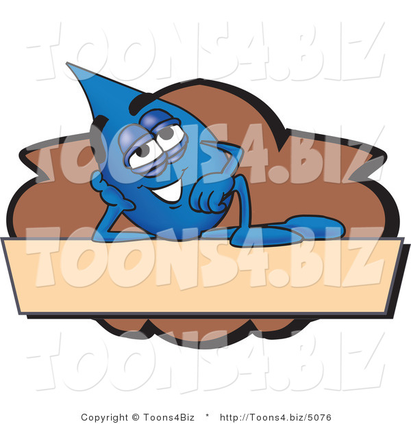 Vector Illustration of a Cartoon Water Drop Mascot Reclining on a Blank Tan and Brown Label