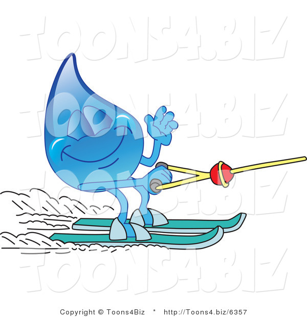 Vector Illustration of a Cartoon Water Drop Mascot Waving and Water Skiing