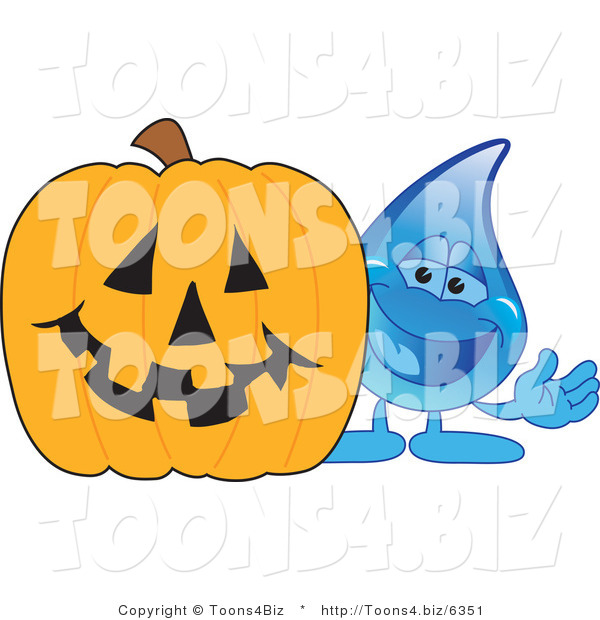 Vector Illustration of a Cartoon Water Drop Mascot with a Halloween Pumpkin