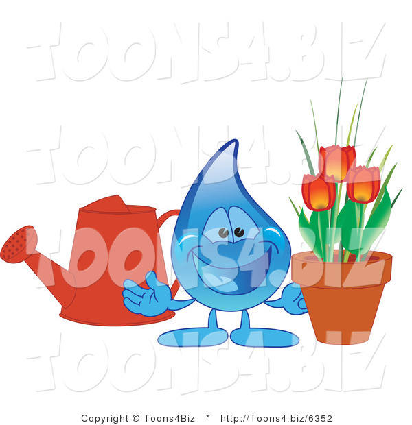 Vector Illustration of a Cartoon Water Drop Mascot with a Watering Can and Tulips