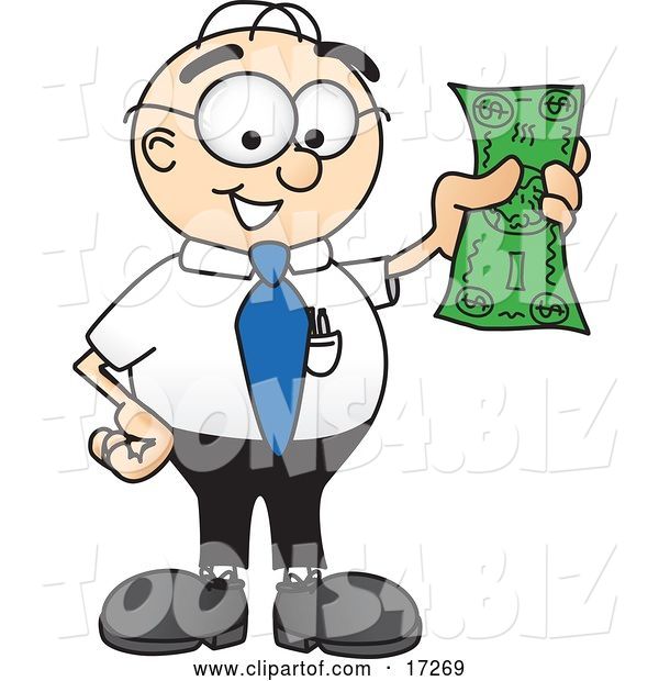 Vector Illustration of a Cartoon White Businessman Nerd Mascot Holding a Dollar Bill
