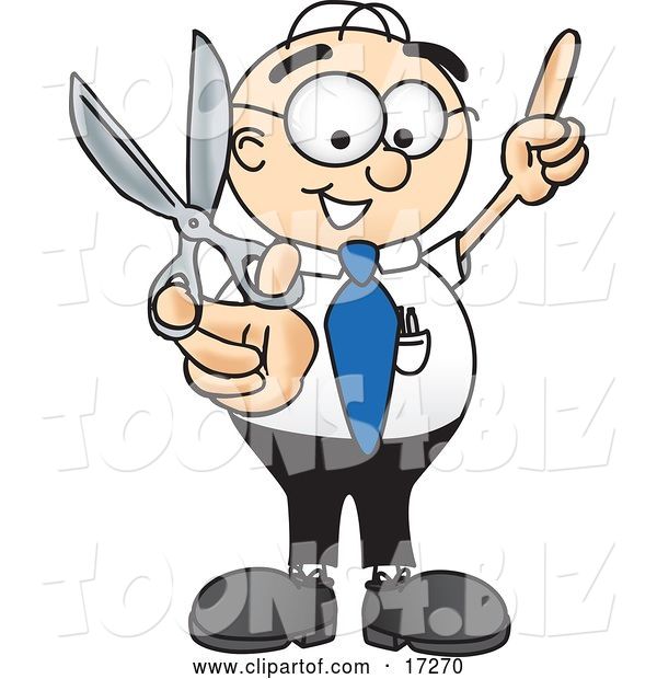 Vector Illustration of a Cartoon White Businessman Nerd Mascot Holding up a Pair of Scissors