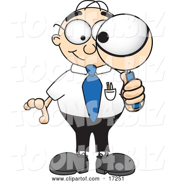 Vector Illustration of a Cartoon White Businessman Nerd Mascot Looking Through a Magnifying Glass