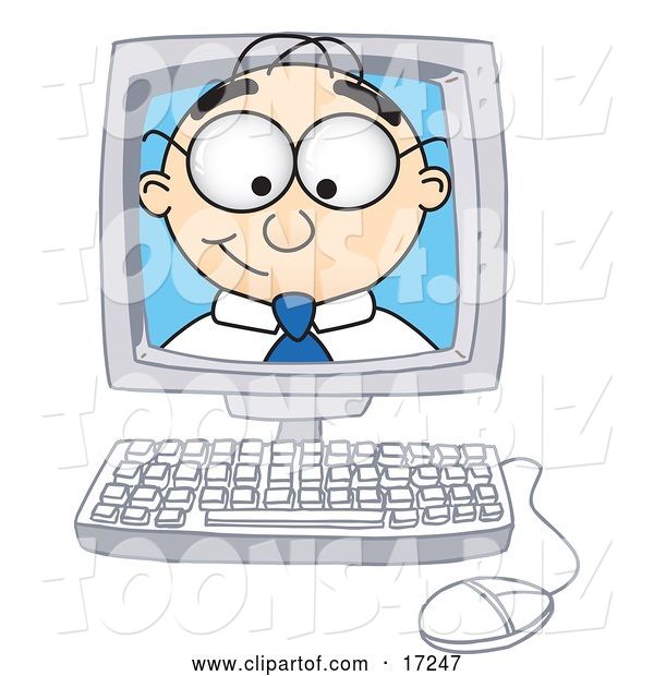 Vector Illustration of a Cartoon White Businessman Nerd Mascot Peeking out from Inside a Desktop Computer Monitor